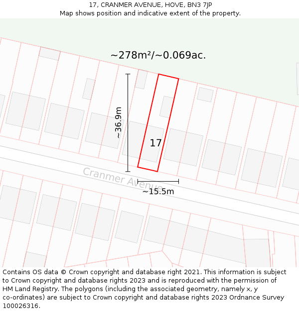 17, CRANMER AVENUE, HOVE, BN3 7JP: Plot and title map