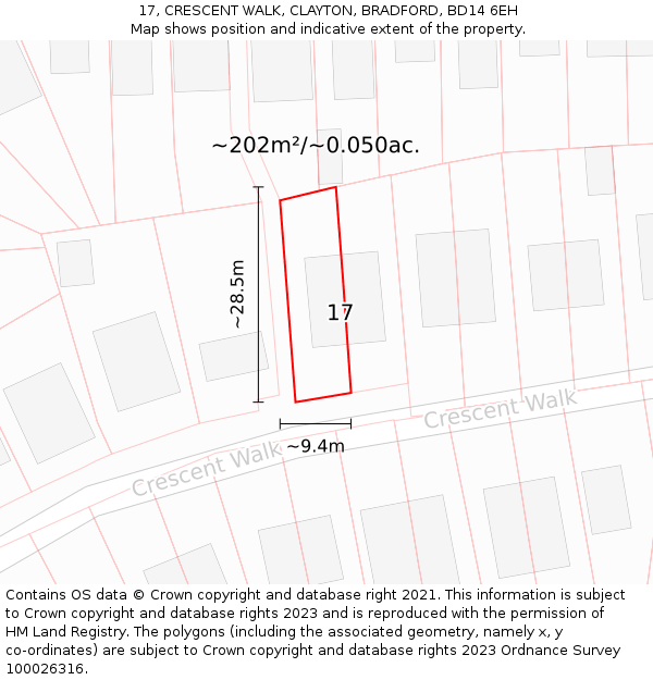 17, CRESCENT WALK, CLAYTON, BRADFORD, BD14 6EH: Plot and title map