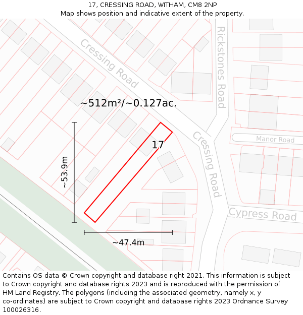 17, CRESSING ROAD, WITHAM, CM8 2NP: Plot and title map