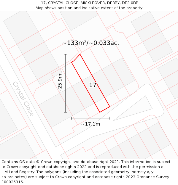 17, CRYSTAL CLOSE, MICKLEOVER, DERBY, DE3 0BP: Plot and title map