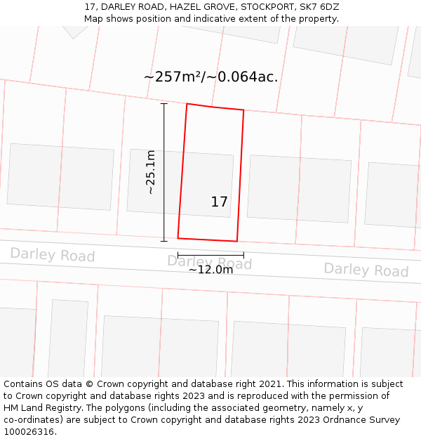 17, DARLEY ROAD, HAZEL GROVE, STOCKPORT, SK7 6DZ: Plot and title map