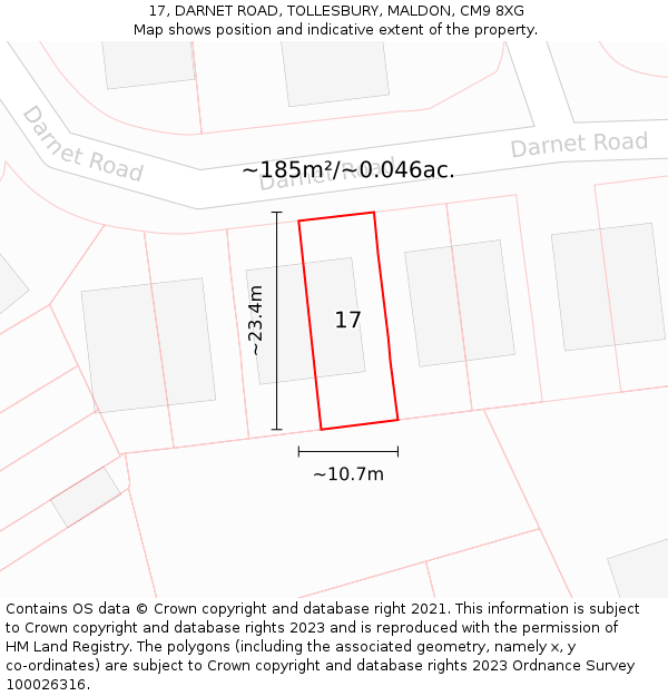 17, DARNET ROAD, TOLLESBURY, MALDON, CM9 8XG: Plot and title map