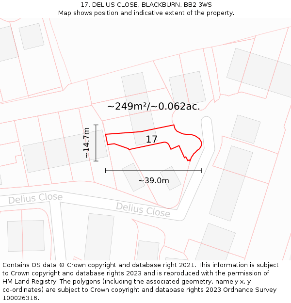 17, DELIUS CLOSE, BLACKBURN, BB2 3WS: Plot and title map