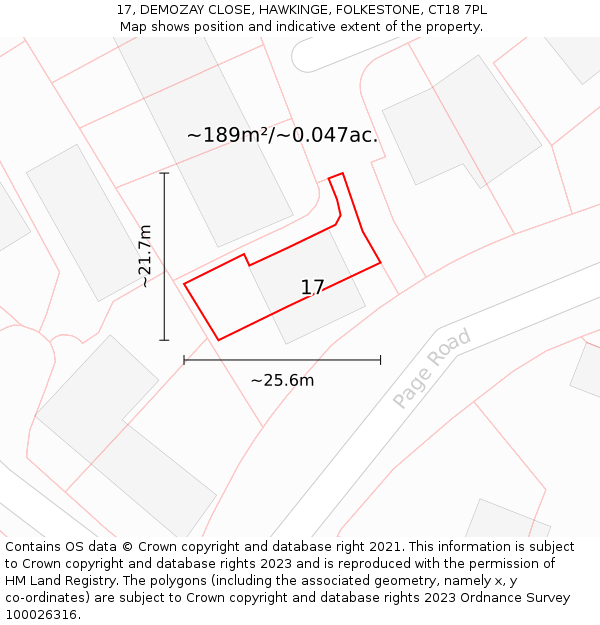 17, DEMOZAY CLOSE, HAWKINGE, FOLKESTONE, CT18 7PL: Plot and title map