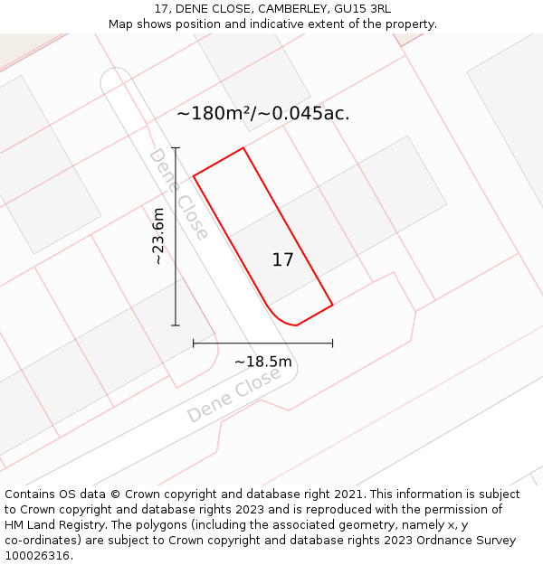 17, DENE CLOSE, CAMBERLEY, GU15 3RL: Plot and title map