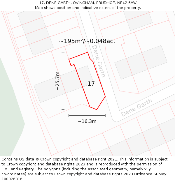 17, DENE GARTH, OVINGHAM, PRUDHOE, NE42 6AW: Plot and title map