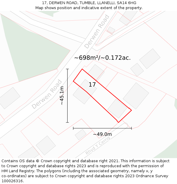 17, DERWEN ROAD, TUMBLE, LLANELLI, SA14 6HG: Plot and title map