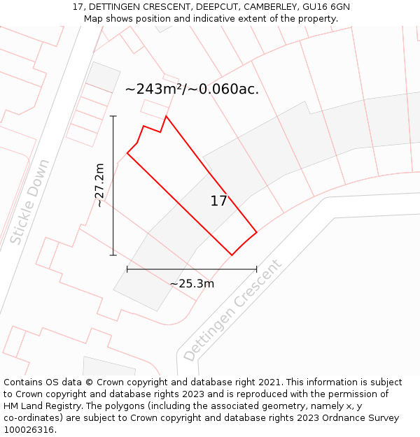 17, DETTINGEN CRESCENT, DEEPCUT, CAMBERLEY, GU16 6GN: Plot and title map