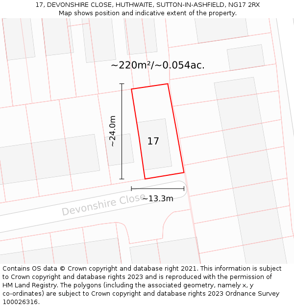 17, DEVONSHIRE CLOSE, HUTHWAITE, SUTTON-IN-ASHFIELD, NG17 2RX: Plot and title map