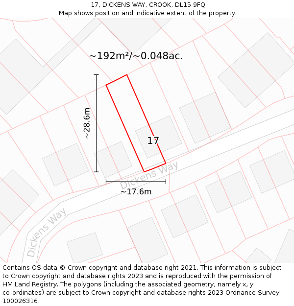 17, DICKENS WAY, CROOK, DL15 9FQ: Plot and title map