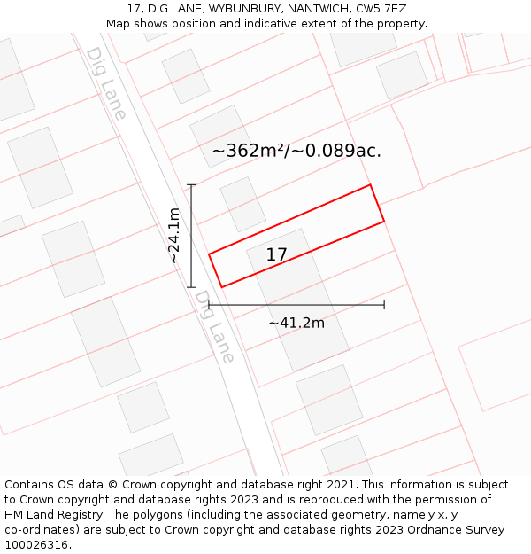 17, DIG LANE, WYBUNBURY, NANTWICH, CW5 7EZ: Plot and title map