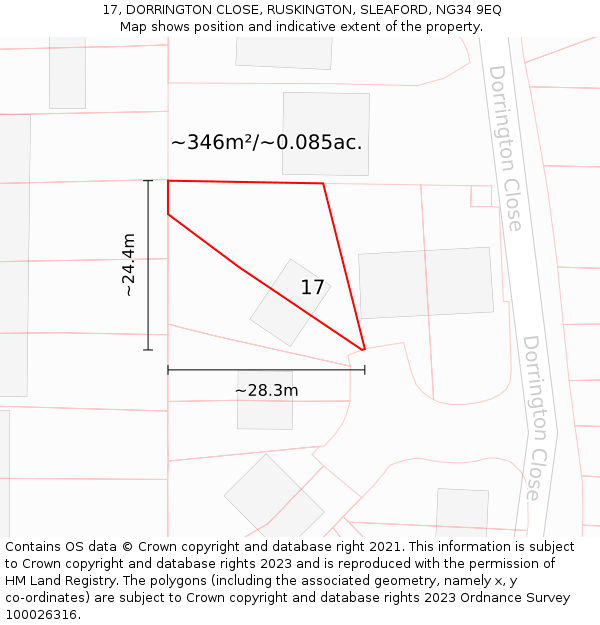 17, DORRINGTON CLOSE, RUSKINGTON, SLEAFORD, NG34 9EQ: Plot and title map