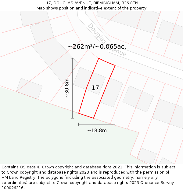 17, DOUGLAS AVENUE, BIRMINGHAM, B36 8EN: Plot and title map