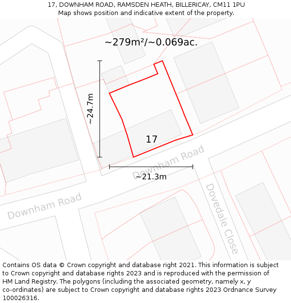 17, DOWNHAM ROAD, RAMSDEN HEATH, BILLERICAY, CM11 1PU: Plot and title map