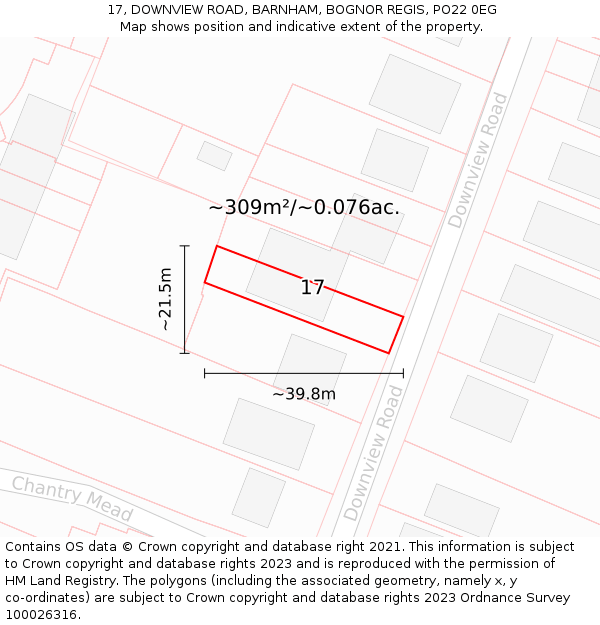 17, DOWNVIEW ROAD, BARNHAM, BOGNOR REGIS, PO22 0EG: Plot and title map