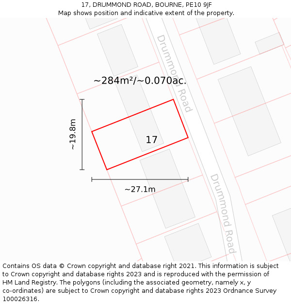 17, DRUMMOND ROAD, BOURNE, PE10 9JF: Plot and title map