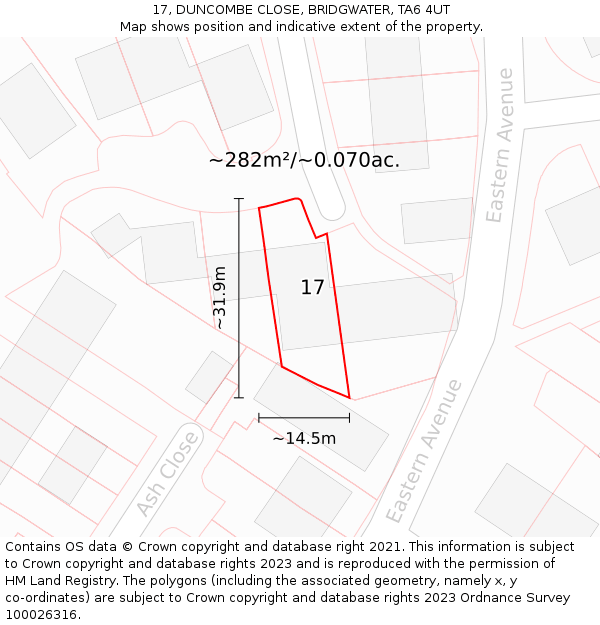 17, DUNCOMBE CLOSE, BRIDGWATER, TA6 4UT: Plot and title map