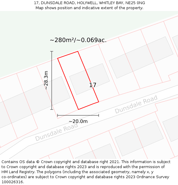 17, DUNSDALE ROAD, HOLYWELL, WHITLEY BAY, NE25 0NG: Plot and title map