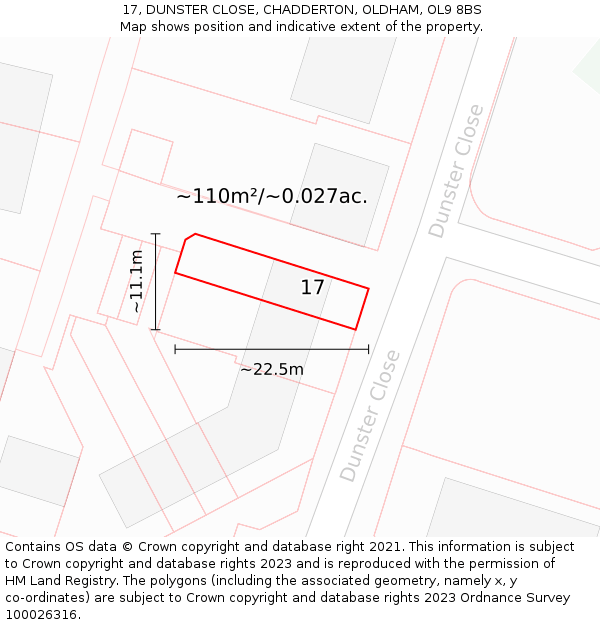 17, DUNSTER CLOSE, CHADDERTON, OLDHAM, OL9 8BS: Plot and title map