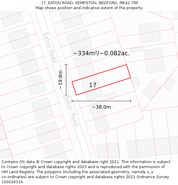 17, EATON ROAD, KEMPSTON, BEDFORD, MK42 7RP: Plot and title map