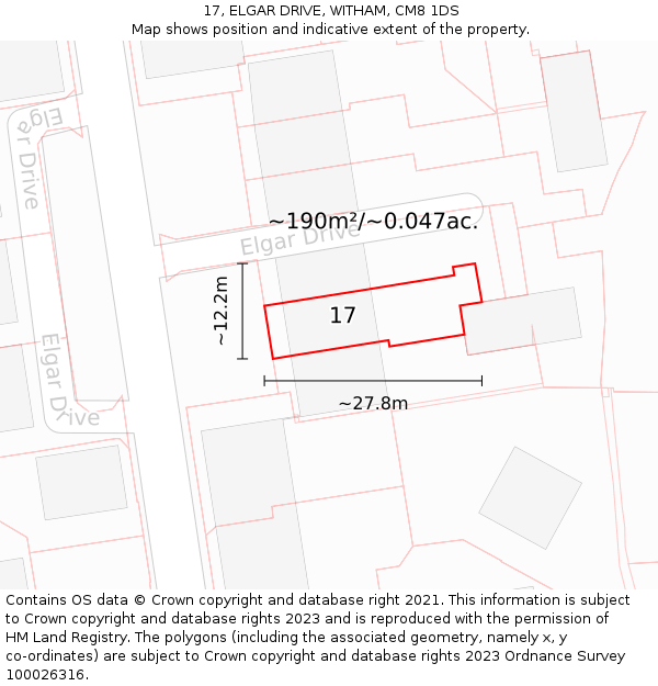 17, ELGAR DRIVE, WITHAM, CM8 1DS: Plot and title map