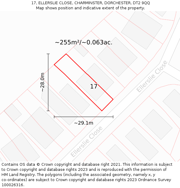 17, ELLERSLIE CLOSE, CHARMINSTER, DORCHESTER, DT2 9QQ: Plot and title map