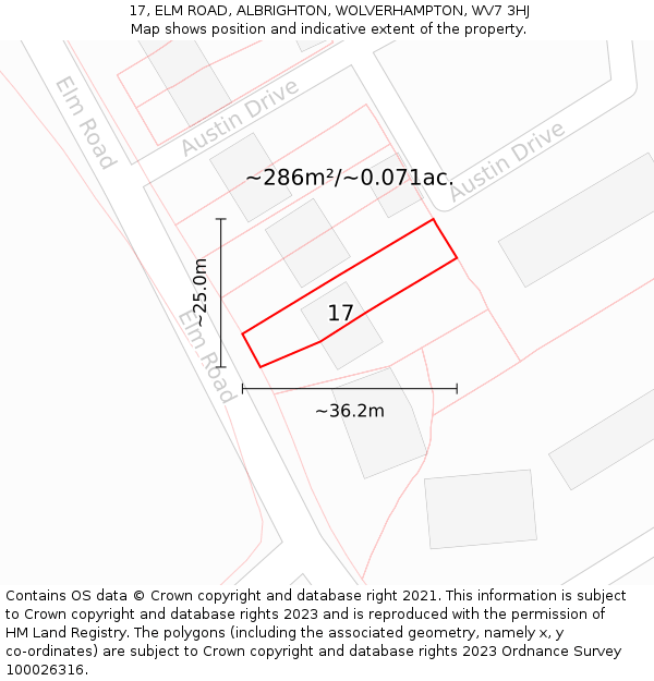 17, ELM ROAD, ALBRIGHTON, WOLVERHAMPTON, WV7 3HJ: Plot and title map