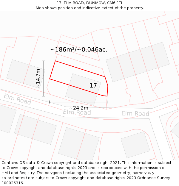 17, ELM ROAD, DUNMOW, CM6 1TL: Plot and title map