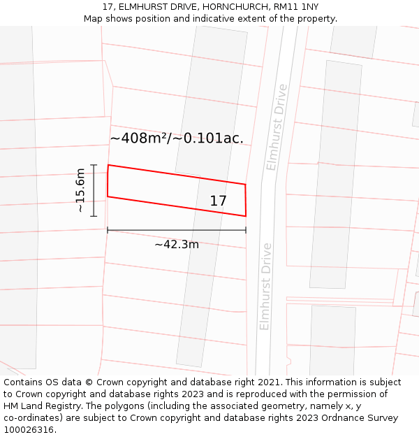 17, ELMHURST DRIVE, HORNCHURCH, RM11 1NY: Plot and title map