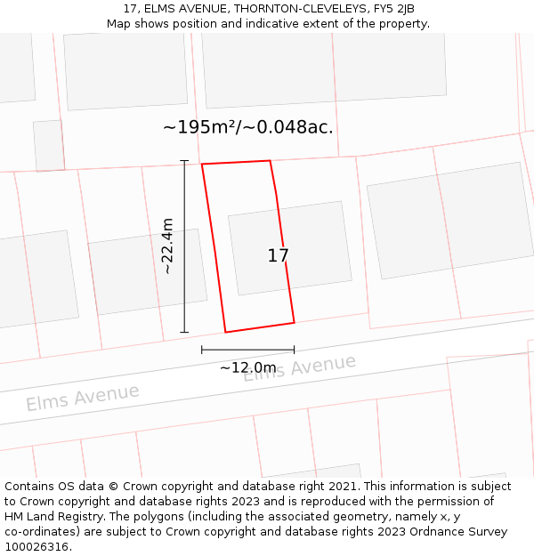 17, ELMS AVENUE, THORNTON-CLEVELEYS, FY5 2JB: Plot and title map