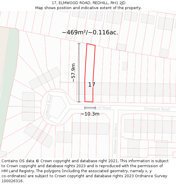 17, ELMWOOD ROAD, REDHILL, RH1 2JD: Plot and title map