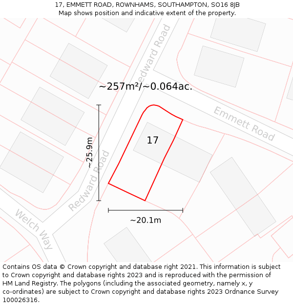 17, EMMETT ROAD, ROWNHAMS, SOUTHAMPTON, SO16 8JB: Plot and title map