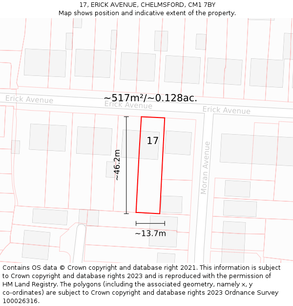 17, ERICK AVENUE, CHELMSFORD, CM1 7BY: Plot and title map