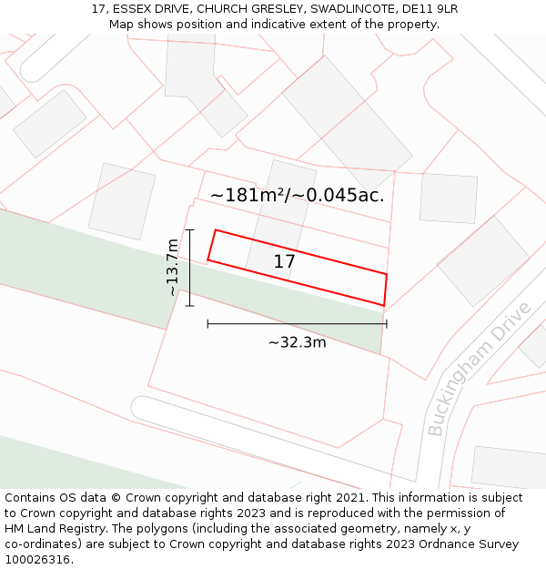 17, ESSEX DRIVE, CHURCH GRESLEY, SWADLINCOTE, DE11 9LR: Plot and title map