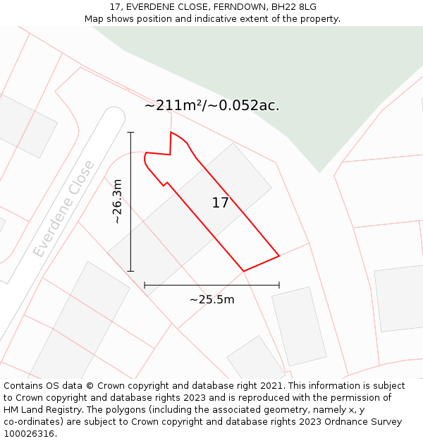 17, EVERDENE CLOSE, FERNDOWN, BH22 8LG: Plot and title map