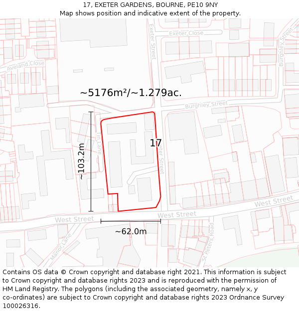 17, EXETER GARDENS, BOURNE, PE10 9NY: Plot and title map