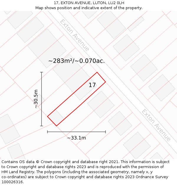 17, EXTON AVENUE, LUTON, LU2 0LH: Plot and title map