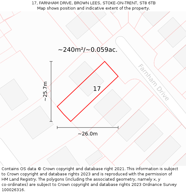 17, FARNHAM DRIVE, BROWN LEES, STOKE-ON-TRENT, ST8 6TB: Plot and title map