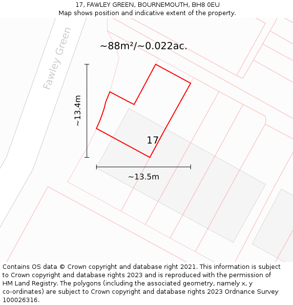 17, FAWLEY GREEN, BOURNEMOUTH, BH8 0EU: Plot and title map