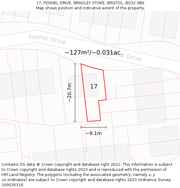 17, FENNEL DRIVE, BRADLEY STOKE, BRISTOL, BS32 0BX: Plot and title map