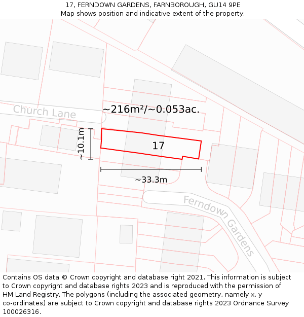 17, FERNDOWN GARDENS, FARNBOROUGH, GU14 9PE: Plot and title map