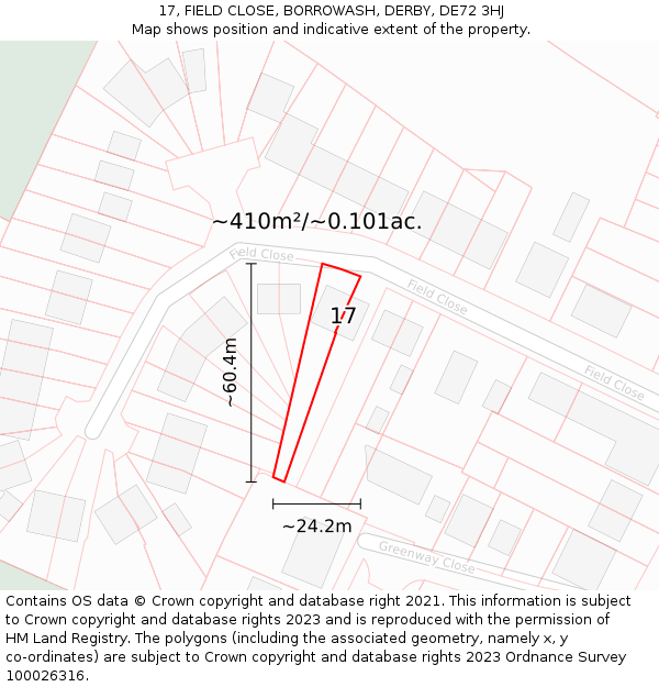 17, FIELD CLOSE, BORROWASH, DERBY, DE72 3HJ: Plot and title map