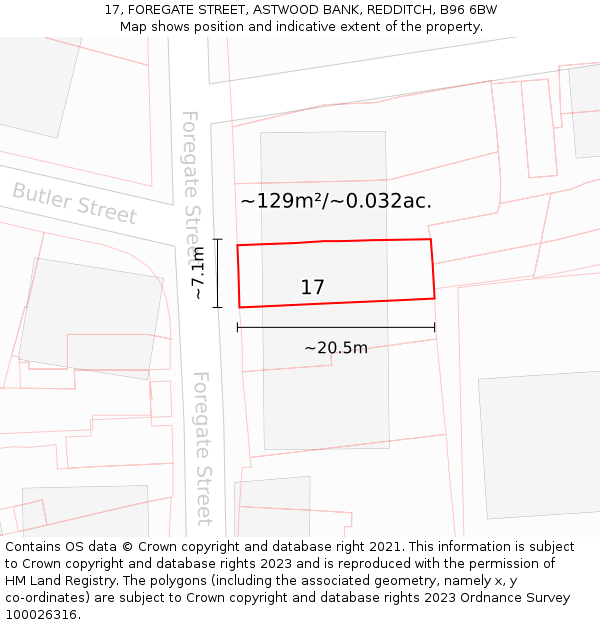 17, FOREGATE STREET, ASTWOOD BANK, REDDITCH, B96 6BW: Plot and title map