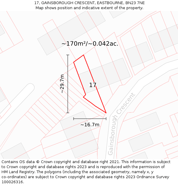 17, GAINSBOROUGH CRESCENT, EASTBOURNE, BN23 7NE: Plot and title map