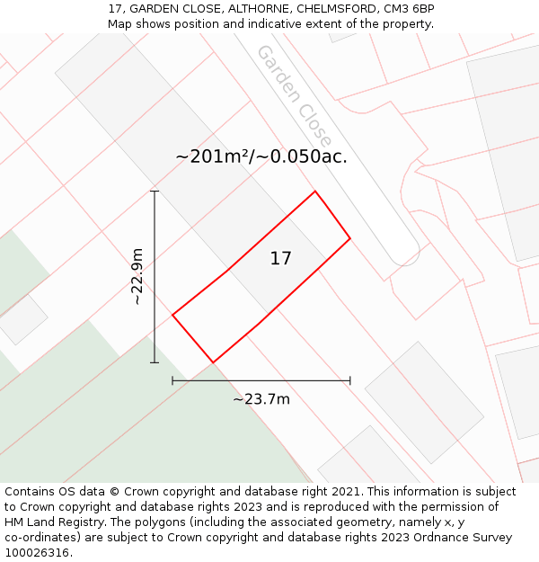 17, GARDEN CLOSE, ALTHORNE, CHELMSFORD, CM3 6BP: Plot and title map