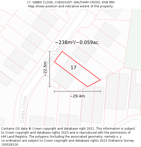 17, GIBBS CLOSE, CHESHUNT, WALTHAM CROSS, EN8 9RX: Plot and title map