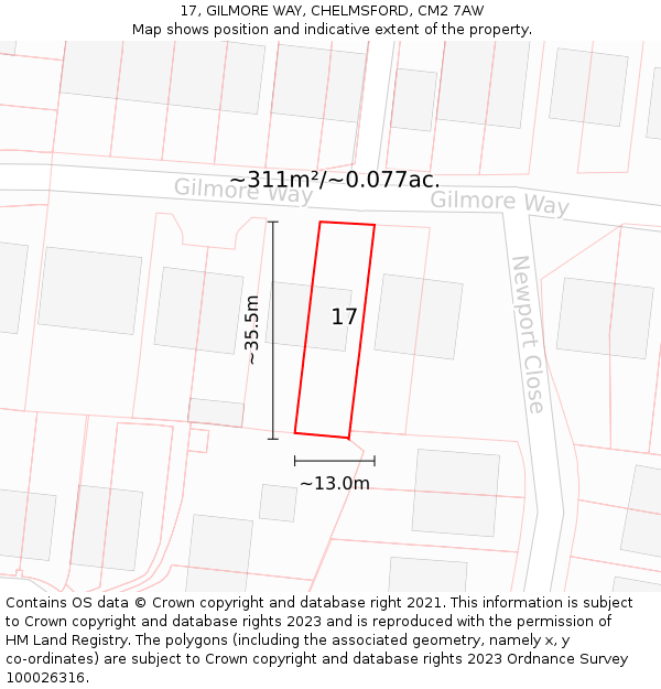 17, GILMORE WAY, CHELMSFORD, CM2 7AW: Plot and title map