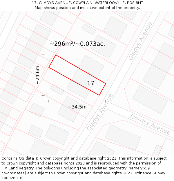 17, GLADYS AVENUE, COWPLAIN, WATERLOOVILLE, PO8 8HT: Plot and title map