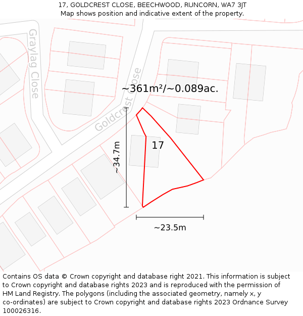 17, GOLDCREST CLOSE, BEECHWOOD, RUNCORN, WA7 3JT: Plot and title map