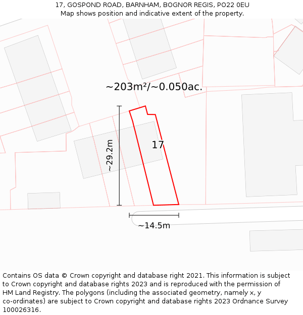 17, GOSPOND ROAD, BARNHAM, BOGNOR REGIS, PO22 0EU: Plot and title map